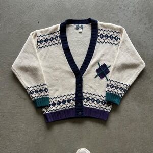 Vintage 90s 62 East Cardigan Sweater Size Medium White Geometric Fair Isle